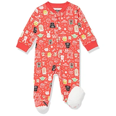 Image of Amazon Essentials Disney Marvel Star Wars Unisex Babies&#039; Snug Fit Cotton Footed Pyjamas, Holiday Sleep &amp; Play, 0 Months