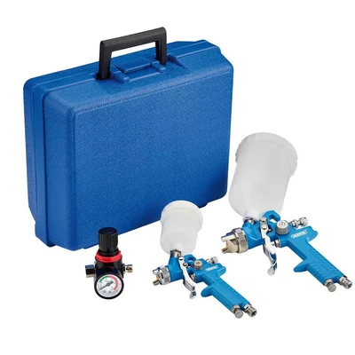 Image of Draper 28374 HVLP Air Paint Spray Gun Kit (7 Piece), Silver and Blue