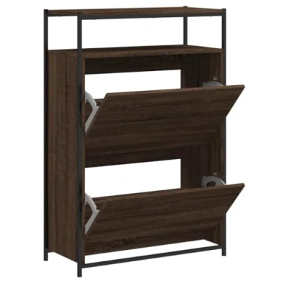 Image of vidaXL Brown Oak Shoe Cabinet Engineered Wood Storage Organizer, 4 Flip Drawers Rack, Space Saving Design for Bedroom/Hallway