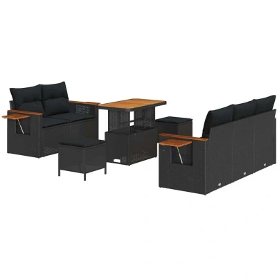 Image of vidaXL 8 Piece Garden Sofa Set with Cushions Black Poly Rattan Acacia