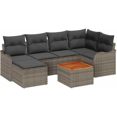 Image of vidaXL 7 Piece Garden Sofa Set with Cushions Grey Poly Rattan Acacia