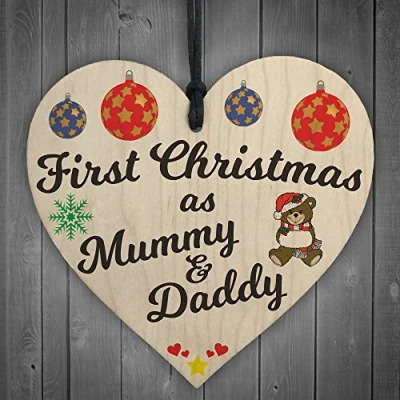 Image of RED OCEAN First Christmas As Mummy Daddy Wooden Hanging Heart Plaque Xmas Tree Decoration