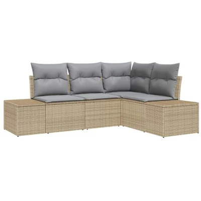 Image of vidaXL 4 Piece Garden Sofa Set with Cushions Beige Poly Rattan