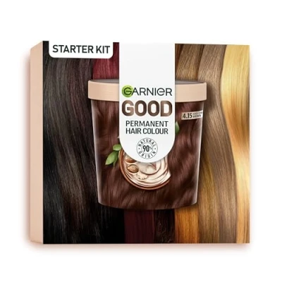 Image of Garnier Good Permanent Hair Dye Premium Starter Kit, 4.15 Iced Chestnut Brown, Up To 100% Grey Coverage, 8 Weeks Long Lasting Colour, No Drip Application