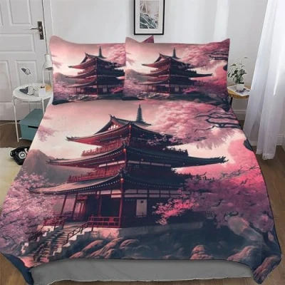 Image of Japanese Temple Duvet Cover Set with Pillowcases Printed Bedding Zipper Closure Comforter 3 Pieces Hypoallergenic Soft Microfiber Quilt King (220x240cm)