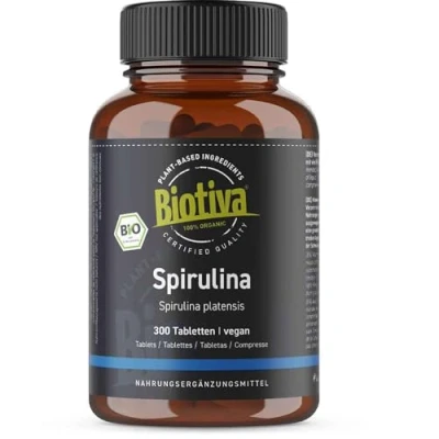 Image of Biotiva Spirulina Organic 300 Tablets a 500 mg High dose pellets Arthrospira Platensis Alga Without Magnesia Stearate Packed and Controlled in Germany (DE ECO 005)