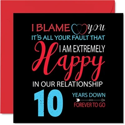 Image of Funny Tin Anniversary Card for Husband Wife Your Fault I&#039;m Extremely Happy 10th Wedding Partner, 145mm x Greeting Cards Tenth Anniversaries
