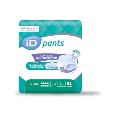 Image of ID Expert Disposable Super Incontinence Pants, Large, 100 145 cm, 1950 ml, Anti Leakage Protection, Maximum Discretion, Fast Absorption, Odour Control, Unisex, pack of 12 pads