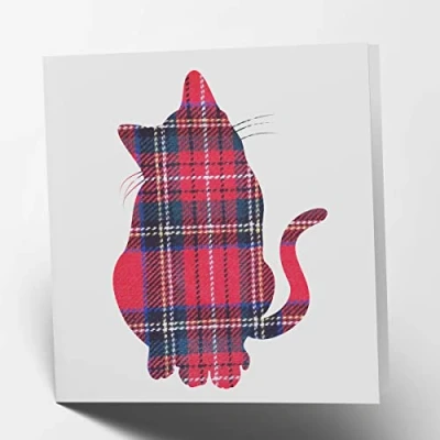 Image of Maturi Cat Tartan Greetings Card Blank Inside, 15.5 x cm Square