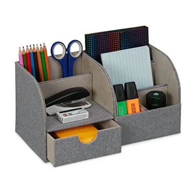 Image of Relaxdays Desk Organiser, Office, with Drawer and 6 Compartments, Linen Look, HWD: 14.5 x 28 cm, Pen Holder, Grey