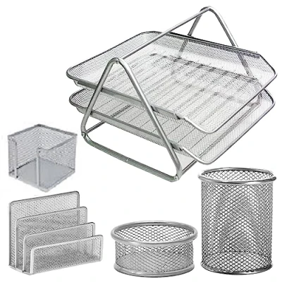 Image of ARA CHOICE Desk Tidy Organiser Set Office Organisers 2 Tier 5 Pcs A4 Paper Tray Pen Pot Letter Trays Storage with Magazine Holder for Supplies (Silver)