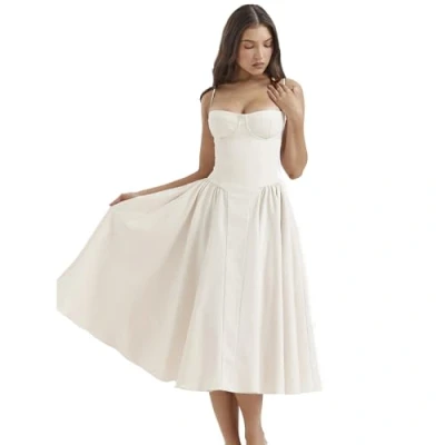 Image of Sleeveless Corset Fit Midi Dress Spaghetti Strap Sundress Solid Color Print Bustier High Waist A Line with Pockets (White,XL)