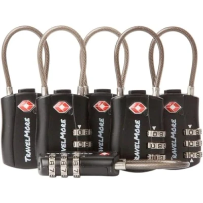 Image of 6 Pack TSA Approved Travel Combination Cable Luggage Locks for Suitcases &amp; Backpacks Black