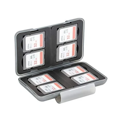 Image of PROfezzion Water Resistant Rugged Plastic Memory Card Storage Case fits 8 x SD SDHC SDXC Cards with Carabiner (Light Grey)