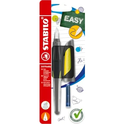 Image of STABILO Ergonomic School Fountain Pen EASYbuddy L Nib Left Handed Pack of 1 Black/Lime including Blue Ink Cartridge