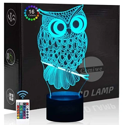 Image of Comiwe Owl (A) 3D Illusion Night Light Toys,16 Colours Change Smart Touch &amp; Remote Control,Home Decor LED Bedside Table Desk Lamp,Christmas Birthday Gift for Girls Boys Kids Adults Friends Family