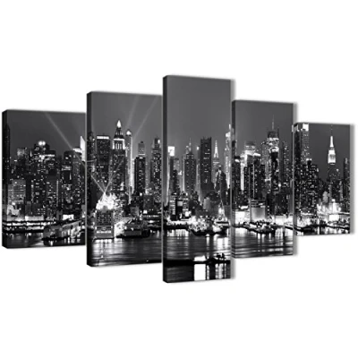 Image of Wallfillers 5 Piece Landscape Canvas Wall Art Prints New York Hudson River Skyline 5435 Black White Grey 160cm XL Set Artwork