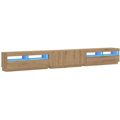 Image of vidaXL tv cabinet engineered wood 300x35x40 cm artisan oak rgb led lights modern living room media storage unit includes 3 cabinets easy to maintain