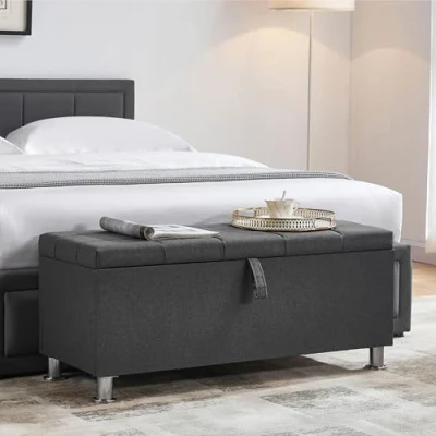 Image of Vida Designs Valencia Storage Ottoman, Fabric Chest with Lid, Seat, Stool, Window Bench, Chest, Toy Box, Pouffee, Footstool, Dark Grey Linen