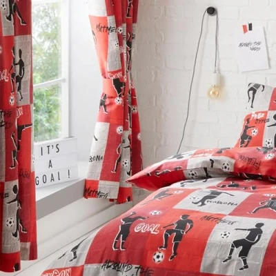 Image of Happy Linen Company Boys Girls Kids Freestyle Football Tricks Red 66&quot; x 54&quot; Fully Lined Pencil Pleat Curtain Set