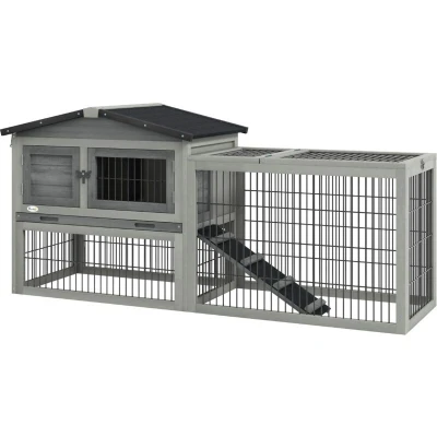 Image of PawHut Rabbit Hutch Outdoor, Wooden Guinea Pig with Run, Openable Roof, Pull Out Tray, Ramp for 1 2 Rabbits, 150 x 52.5 68 cm, Grey