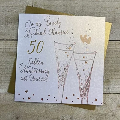 Image of WHITE COTTON CARDS HUSBAND 50TH PERSONALISED GOLDEN ANNIVERSARY CRYSTAL FLUTES Handmade (P19 A50 H &amp; XP19 H)