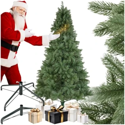 Image of tectake® Artificial Christmas Tree in Lush Green with Lifelike Pine Needles &amp; Bendable Branches, Quick Setup, Realistic Foldable Steel Stand, Allergy Friendly Xmas 210 cm