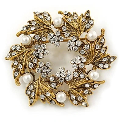 Image of Avalaya Clear Crystal, White Simulated Pearl Wreath Brooch in Gold Plating 4cm D