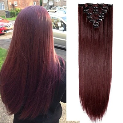 Image of 26&quot; Hair Extensions Clip in 8 Pieces Silky Full Head Hairpieces Synthetic Fibre Set Wine Red(Straight,Length:66cm,Weight:140g)