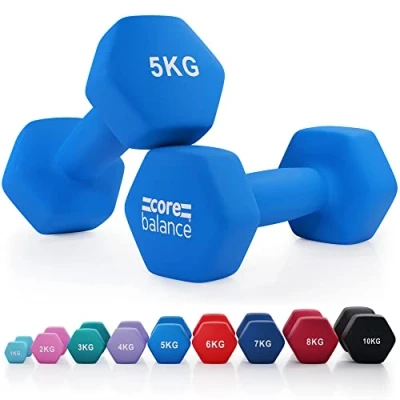Image of Core Balance 5kg Dumbbell Pair Hex Weight Neoprene Coated Cast Iron Strength Training (Blue)