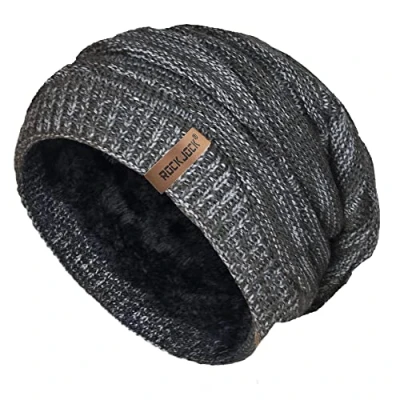 Image of RockJock Mens Winter Knitted Slouch Beanie with R80 Thermal Insulation and Cosy Fleece Lining Grey