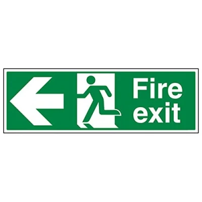 Image of V Safety Fire Exit Arrow Left Sign Landscape 450mm x 150mm 1mm Rigid Plastic, Green