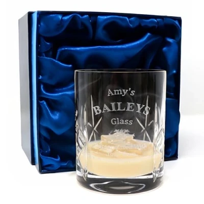 Image of Regalo Personalised Engraved Crystal Glass Tumbler Baileys Design (Silk Lined Gift Box)