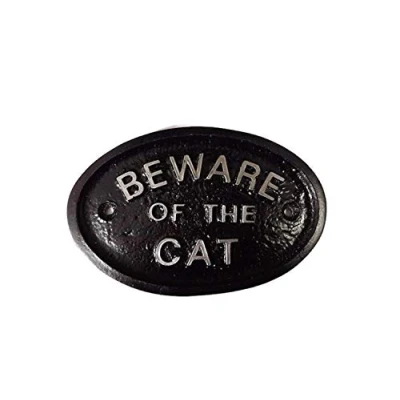 Image of Artisan Silver Beware Of The Cat Wall Gate Plaque In Black With Raised Lettering