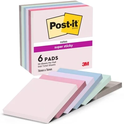 Image of Post it Super Sticky Notes, Double the Sticking Power, 6 Pads, 540 Sheets, 76 mm x mm, Blue, Green, Grey, Pink, Purple Colors Self Notes for Walls, Monitors and Fridge