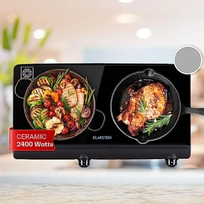 Image of Klarstein Ceramic Hob, 2400W Built In 2 Ring Electric Cooker with Stainless Steel Frame, Tabletop Cooktop &amp; Hot Plates