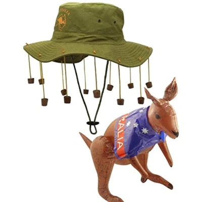 Image of Dreamzfit Adult Unisex AUSTRALIAN CORK HAT &amp; INFLATABLE KANGAROO Aussie Australia Day Fancy Dress Kit Theme Party Carnival Cosplay, Khaki/Brown