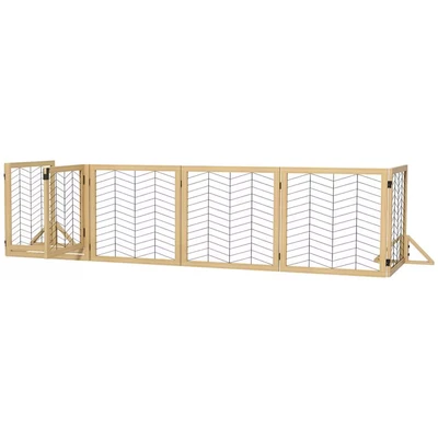 Image of PawHut Dog Barrier, 8 Panels Foldable Pen, Freestanding Pet Gate with 2 Pcs Support Feet, for House, Doorway, Stairs, Small and Medium Dogs Natural Wood