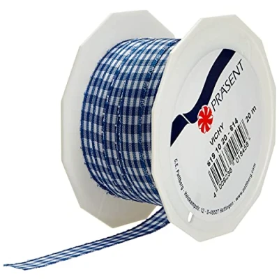 Image of Präsent Vichy Wired Ribbon Blue White 10 mm width, 20 m length