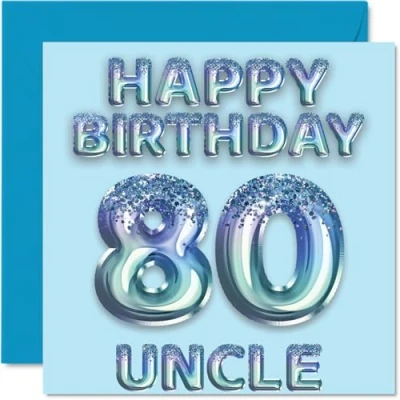 Image of 80th Birthday Card for Uncle Blue Glitter Party Balloons Happy Cards 80 Year Old from Nephew Niece, 145mm x Bday Greeting Gift