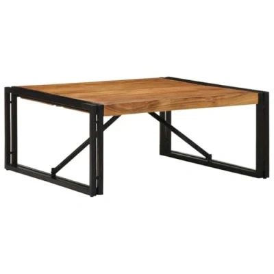 Image of vidaXL coffee table 80x80x35 cm solid acacia wood &amp; iron frame indoor/outdoor square side natural finish living room/patio decor stable durable