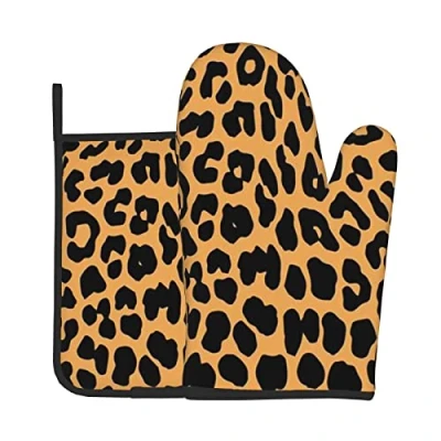 Image of Heat Resistant Oven Mitts And Pot Holders Sets Of 2 Leopard Print Printed Kitchen Non Slip Waterproof Gloves For Baking Cooking Bbq