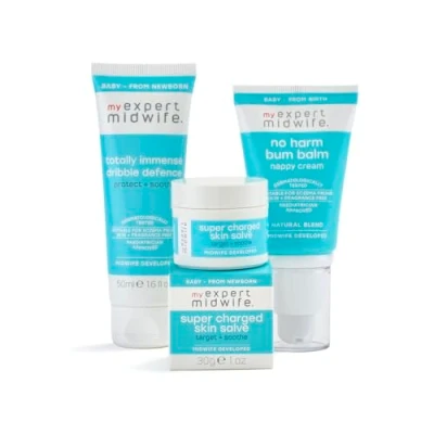 Image of My Expert Midwife Newborn Baby Mega Mild Skin Saviours Kit Clean Natural Ingredients Suitable for Sensitive + Fragrance Free Set of 3 with Nappy Cream, Salve, Dribble Defence
