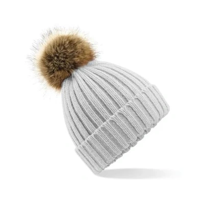 Image of Beechfield Faux Fur Pop Pom Chunky Beanie Light Grey