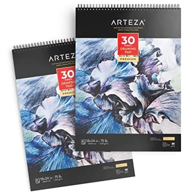 Image of Arteza 46 x 61 cm Drawing Pad with Micro Perforation, 2 Pack, 60 Sheets, 120gsm, Spiral Bound, 30 Sheets Each, Heavyweight Paper Art Supplies for a Variety of Dry Media