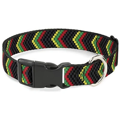 Image of Buckle Down Plastic Clip Collar Chevron Weave Black/Rasta 1&quot; Wide Fits 11 17&quot; Neck Medium