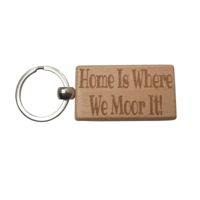 Image of Decalarama Narrowboat Keyring Gift Home Is Where We Moor It Engraved Hardwood Key Fob Novelty Nice Custom Barge Canal Boat Present