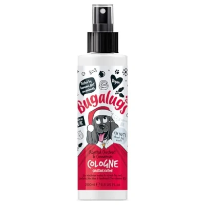 Image of Bugalugs Dog Cologne Christmas Edition festively fragrant grooming products. &amp; puppy shampoo, vegan, pH balanced, made in the UK (Roasted Chestnut Cinnamon 200ml)
