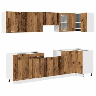 Image of vidaXL Kitchen Cabinet Set 11 Piece Old Wood Engineered Cabinets Modern Storage Solution Adjustable Feet Easy to Maintain Includes Dishwasher Panel