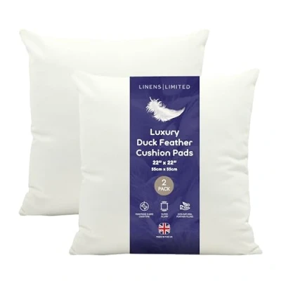 Image of Linens Limited Cushion Insert 55cm x 55cm, Soft &amp; Plump Natural Duck Feather Sofa Pad, Elegant, Versatile, Easy to Clean, Large Square Inner, Perfectly Fits Covers (White) (2 Pack)